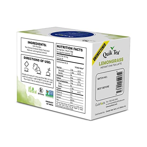 Quiktea Unsweetened Lemongrass Chai Tea Latte - 10 Count Single Box - All Natural Preservative Free Authentic Chai From Assam #TOP3