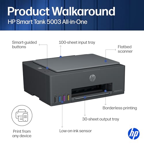 Image of HP Smart Tank 5003 Wireless All-in-One Ink Tank Printer, Scanner, Copier with up to 3 Years of Ink Included, Best-for-Home, Cartridge-Free Refillable, AI-Capable (D06BKA)