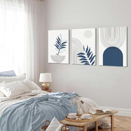 Navy Blue Boho Canvas Wall Art Set of 3 Abstract Bohemian Poster Wall Decor Minimalist Mid-Century Modern Picture Print Geometric Botanical Lines Painting for Bedroom Office Bathroom 16x24in Framed by GJJXYCZF - Used condition - Image 4