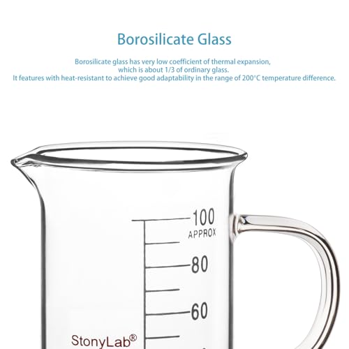 Image of stonylab Glass Beaker with Handle, Borosilicate Glass Graduated Low Form Griffin Beaker with Handle and Pouring Spout, 100 ml