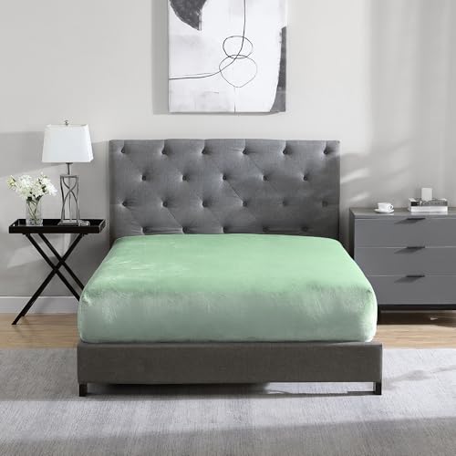 Cathay Home Twin Size Plush Fur Fitted Sheet 12 Deep Pocket Ultra Soft Thick Bed Sheet All Season Cozy Warmth Sage
