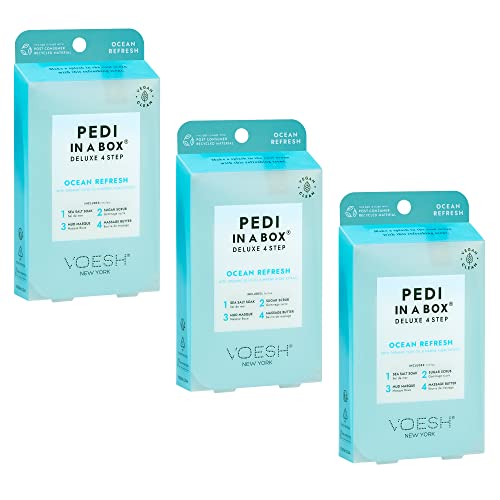 VOESH Pedi in a Box Deluxe 4-Step - Ocean Refresh Scent, 3 Pack, Pedicure Set, At Home Pedicure, Foot Soak, Foot Mask, Foot Spa Pedicure Set, Intensive Foot Treatment
