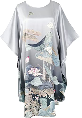Kwedhonjh Lady 100% Silk Pajamas, Bat Sleeve Bathrobe - Floral Pattern (Lotus Silver Grey) #TOP5