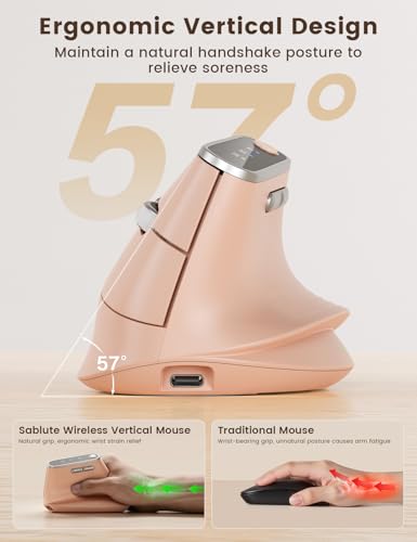 SABLUTE MAM4 Ergonomic Vertical Mouse for M/L Hands, 8K DPI, Ultra-Fast Scrolling, 6 Programmable Buttons, Tri-Mode Wireless Rechargeable Mouse, 800mAh Built-in Battery, for PC/Mac/Laptop,Blush Pink — view 3