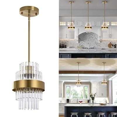 IkirourI Pendant Light Fixtures, 7inch Modern Glass Pendant Lighting, Brass Color Kitchen Island Pendant Lights, Height Adjustable Pendant Lighting (Brass Color, 1 Pack)