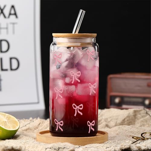 TEUYOE Pink Bow Glass Cup - 16oz Iced Coffee Tumbler with Straw & Wooden Lid - Stylish Gift for Women and Friends - Image 5