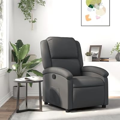 HKLGBVCR Real Leather Recliner Chair with Side Pocket, Manual 135 Degree Recline, Thick Padded Seat and Armrests, Wood and Metal Frame, Grey