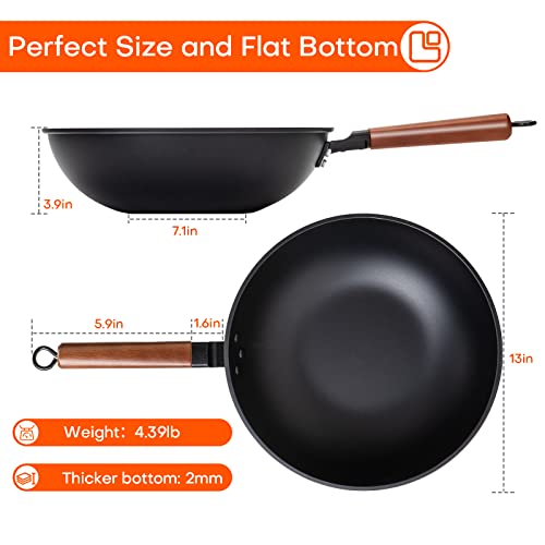 Eleulife Carbon Steel Wok, 13 Inch Wok Pan With Lid And Spatula, Nonstick Woks And Stir-Fry Pans, No Chemical Coated Flat Bottom Chinese Wok For Induction, Electric, Gas, All Stoves #TOP6