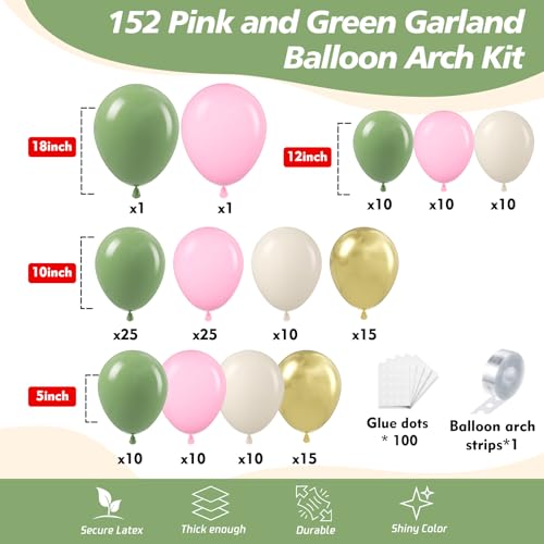 Image of 152Pcs Pink and Green Balloon Garland Arch Kit - Sage Green and Pink White Sand Gold Different Size Balloons for Girl Baby Shower Wedding Birthday Jungle Safari Woodland Party Decorations