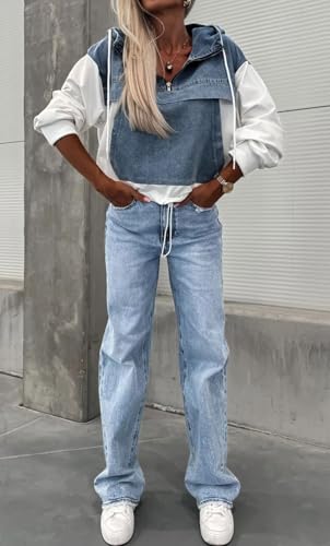 loveimgs Women Loose Denim Shirt Jean Jacket Hoodie Half Zip Pullover Sweatshirt Long Sleeve Hooded Patchwork Jumper3