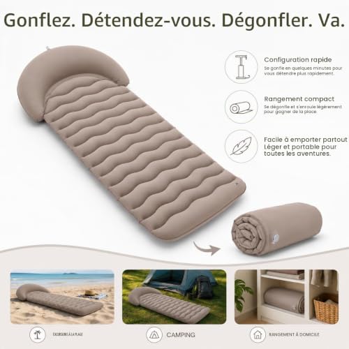 Tapis de Plage Gonflable avec Oreiller, 178 x 76 cm Matelas Gonflable en PVC Floqué pour Plage, Piscine, Camping, Jardin et Maison, Utilisation sur Terre et Eau, jusqu'à 200 kg, Taupe – vue 5