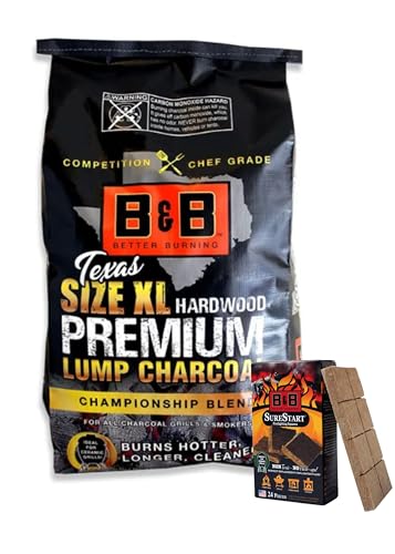 B&B Charcoal + 24 Firelighting Squares | Long-Lasting Clean-Burning Charcoal Briquets for BBQ Grilling & Smoking | No Chemicals or Fillers (24lb Premium XL + Firelights)