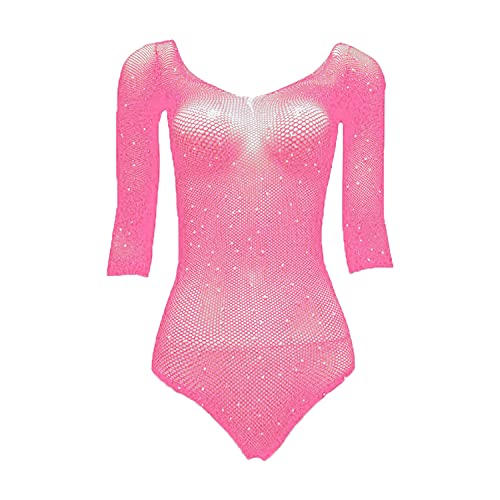 Women s Mesh Sequin Bodysuit Sexy See Through Rhinestone Leotard Teddy Tube Top Long Sleeves Sheer Glitter Jumpsuit (Pink,One Size)