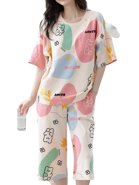 Lunza Women’s Cotton Pajama Set with Top & Pants|| Korean Night Suit|| Lightweight Printed Set || Soft & Comfy Sleepwear for Girls & Women