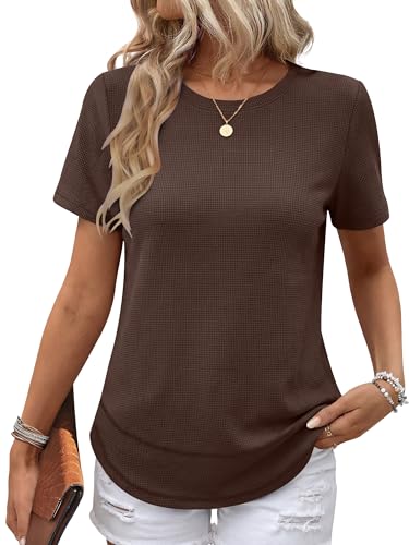 Image of ANRABESS Womens Waffle Knit Tops Short Sleeve Crewneck Shirts Curved Hem Summer Dressy Casual Blouses Spring Fashion Clothing