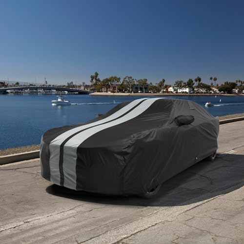 Image of iCarCover Custom Car Cover for Dodge Shadow Convertible (1991-1993) Waterproof All Weather Rain Snow UV Sun Protector Full Exterior Indoor Outdoor Car Cover (Stripe - Black /Gray)