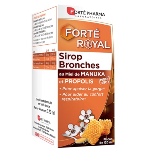 Forté Pharma - Forté Royal Sirop Bronches Miel de Manuka & Propolis brune dès 3 ans - Complement Alimentaire pour apaiser les Bronches - Miel toutes fleurs, Mauve - Confort respiratoire - 120ml