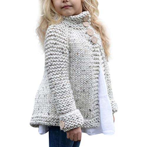 Auwer Toddler Baby Girls Cute Outfit Clothes Autumn Button Knitted Sweater Crewneck Cardigan Warm Thick Coat Long Sleeves (Beige, 2T)