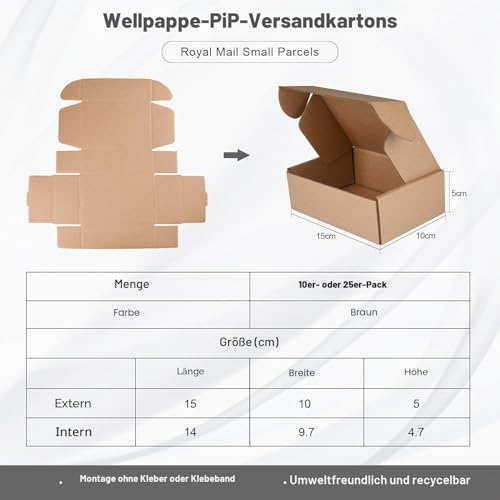 Klein Versandkartons, 150x100x50mm Maxibriefkartons für Postversand Versandtaschen Warensendung, Braune Verpackungskartons für Geschäft, Aufbewahrung oder Geschenkbox, aus Wellpappe(10 Stück)