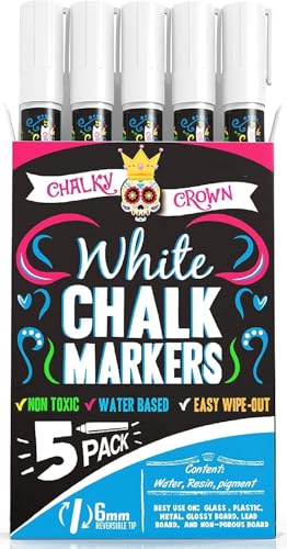 Chalky Crown - Rotuladores Cristal Borrable Tiza Líquida Blancos, Punta Reversible 6 mm Gruesa/Biselada - Rotulador Cristal Borrable Pizarras, Ventanas, Vidrio (Pack de 5)
