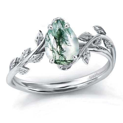 Wasee Natural Moss Agate Ring 925 Sterling Silver Green Pear Moss Agate Engagement Ring Leaf Wedding Promise Ring Jewelry Gift for Women,Ring Size 7 by Wasee - Used condition - US$42.34