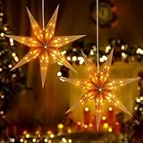 2 Pack 26.8 Inch Paper Star Lantern Christmas Decor, 8 Modes 7-Pointed Star Diwali Hanging Lights, Christmas Decorations Lamp Indoor for Birthday Wedding Party (Champagne)