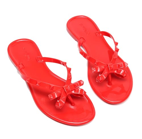 Image of Studded Jelly Shoes for Womens Bow Flip Flops Jellies Sandals Flat Black Summer Beach Thong with Rivets Strappy Slides Slip On