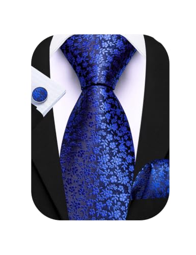Image of Barry.Wang Flower Ties for Men Silk Woven Floral Tie Sets Necktie Handkerchief Cufflinks Wedding Party