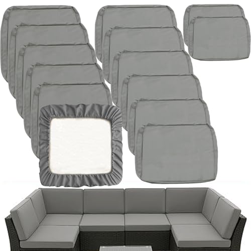 Sqodok Outdoor Cushion Covers 14Pcs Patio Cushion Slipcovers, Replacement Waterproof for 6-Seaters Sofa, Outdoor Furniture Cushion Slipcovers Set Seat and Back, Covers Only, Grey