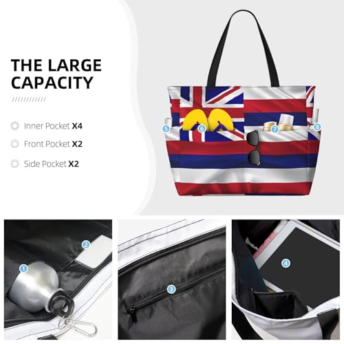Flag of Hawaii American Large capacity beach bag with zipper, perfect for grocery bag pool gym travel shopping foldable beach travel bag,3