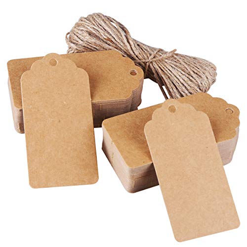 Meowoo Kraft Tags 100 Pcs with 20 Meters Jute Twine, 4.5x9.5 cm Brown Kraft Paper Labels for Crafts, DIY Cards, Product Hang Tags, Present Wraping