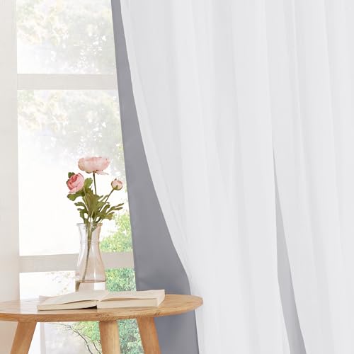 Image of PONY DANCE Blackout Curtains Sheer Overlay, 52x63, Silver Grey, 2 Pieces | Decorative Window Drapes with Grommet Mix & Match for Bedroom