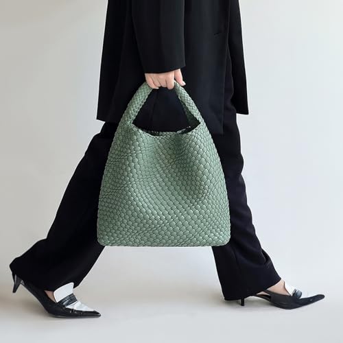 Image of Woven Tote Bag for Women with Purse, Vegan Leather Hobo Bags Large Handmade Underarm Shoulder Bag