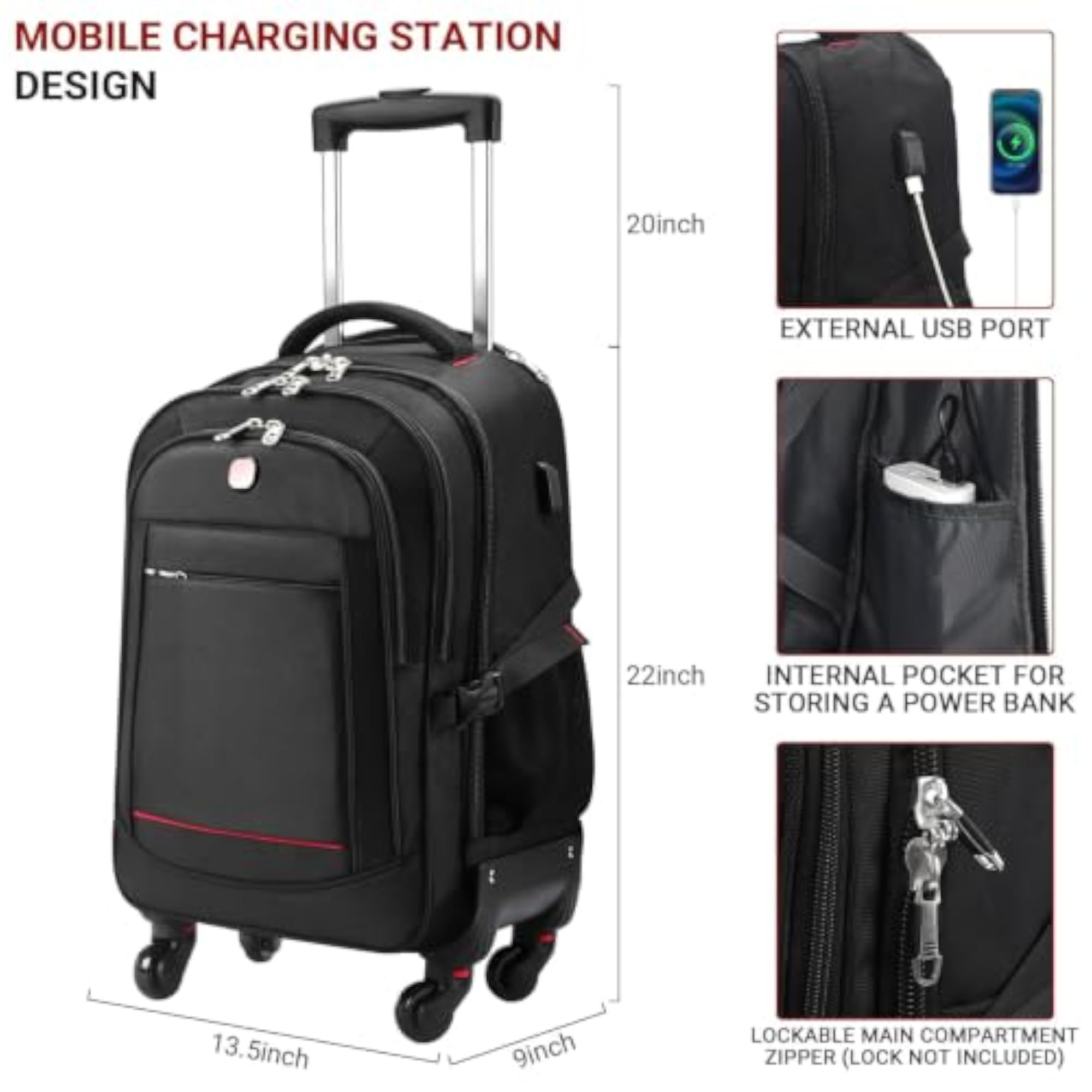 4-Wheel Rolling Backpack for Business Travel