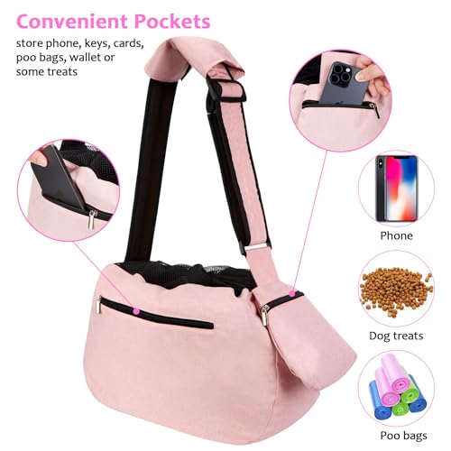 Ownpets Pet Dog Sling Carrier Bag Adjustable Padded Strap Dog Hand Free Safe Mesh Pet Carrier for Small Medium Dog Cat (Pink)