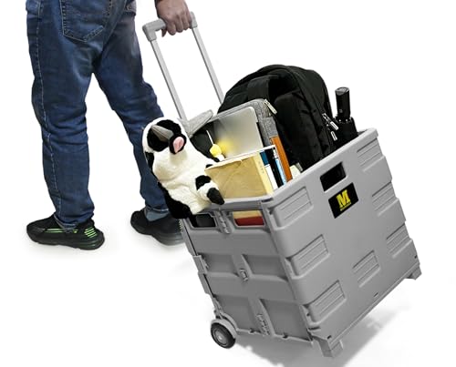 MaxWorks 50876 Collapsible Gray Rolling Folding Dolly Grocery Cart - Multi-Functional Teacher Dolly with Extra Storage, Durable Wheels, and Easy-to-Fold Design for Classroom, Office, Shopping