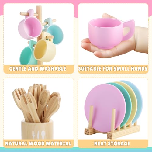 Image of GAGAKU Kids Wooden Play Dishes Set -27Pcs Montessori Play Kitchen Accessories Plates and Bowls Set, Storage Stand & Play Food, Pretend Cooking Toys for Ages 3-5, Educational Gift for Toddler