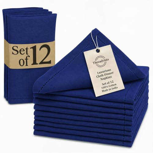 Threadvista Navy Blue Hemstitch 100% Cotton Dinner Napkins,Set of 12,18x18