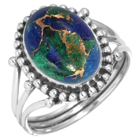 JEWELOPORIUM 925 Silver Ring for Women Size 8.5 Multicolor Genuine Copper Azurite Gemstone Solitaire Silver Ring New Year Gift Costume Jewelry Cover