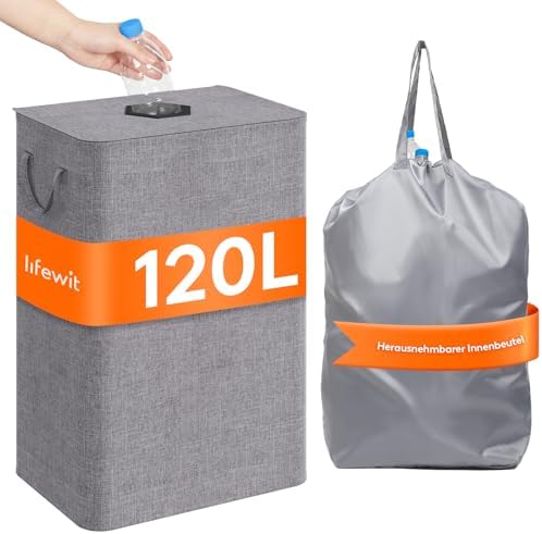 Lifewit 120L Pfandflaschen Sammelbehälter mit Deckel, Hellgrau | Faltbarer Pfandsammler mit Flaschentasche, Flaschensammler für Leergut in Küche und Abstellraum