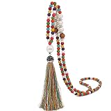Caiyao Handmade Multicolor Long Tassel Fringe Pendant Necklace Turquoise Pearl Crystal Mala Beads Link Chain Necklace for Women Ethnic Boho Prayer Jewelry-Colorful