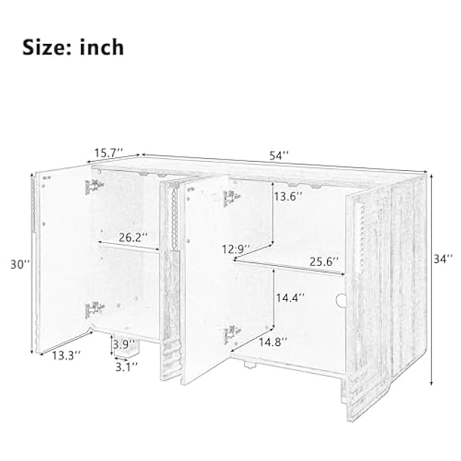 54 Retro Buffet Cabinet with Storage, 4-Door Vintage Fluted Sideboard Cabinet with Adjustable Shelves for Dining Room, Kitchen, and Living Room,for use in Restaurants