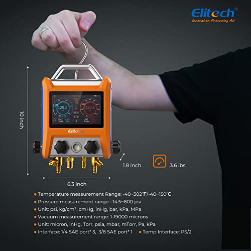 Elitech Digital Manifold Gauge HVAC 4 Valve Manifold Gauge with Hoses Vaccum Sensor Thermometer Clamps, EMG-40V by Elitech - Image 5