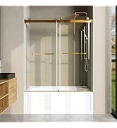 CRISSENSSI Frameless Bathtub Shower Door, 56"-60" Wide, 66" high, 3/8" (10mm) Clear Tempered Glas...