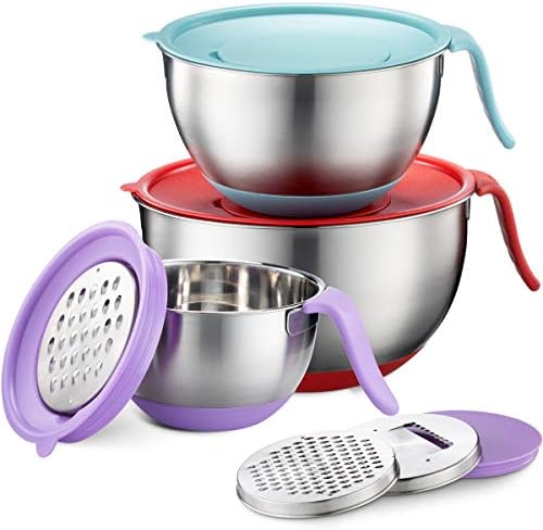 Stainless Steel Mixing Bowls (Set of 3) - Long Handle, Pour Spout, Non Slip Colorful Silicone Bottom with Lids, 3 Graters, & Measurement Marks, Ideal for Cooking, Baking & Serving, Food & Salad Prep.