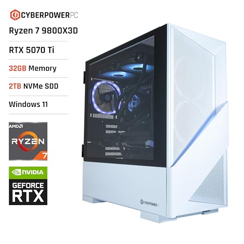 CyberPowerPC Luxe Gaming PC - AMD Ryzen 7 9800X3D, Nvidia RTX 5070 Ti 16GB, 32GB RAM, 2TB NVMe SSD, 750W 80+ PSU, Wi-Fi, Liquid Cooling, Windows 11, Amethyst 360M Airflow RGB