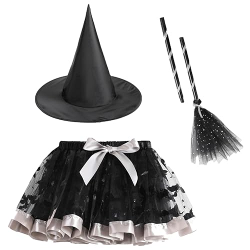 Image of Happy Cherry Toddler Girls Witch Tutu Skirt Set with Hat & Broomstick 3 Pcs Dress Up Halloween Outfits 3-8Y