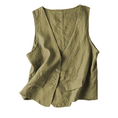 Tuikayoo Womens Linen Vest Casual Sleeveless V-Neck Blazer Cardigans Lightweight Jacket Waistcoat （Olive green，L）