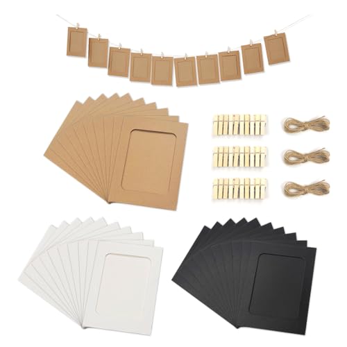 YZROHYI 30 Piezas Marco de Fotos de Papel Kraft 11.5x10.5 CM,Marcos de Fotos Colgar Pared,Colgar Foto con Pinzas Madera Y Cuerda de Yute,Portafotos Multiple Colgante,Foto Álbum Colgante para Hogar