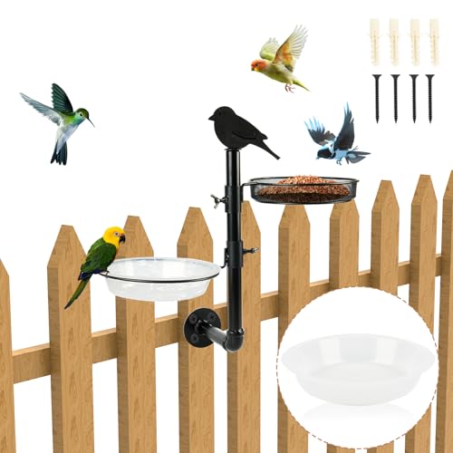 Wall-Mounted Bird Feeder with Metal Seed Tray and 2 Bath Bowls - Great for Porch or Fence, Attracts Wild Birds